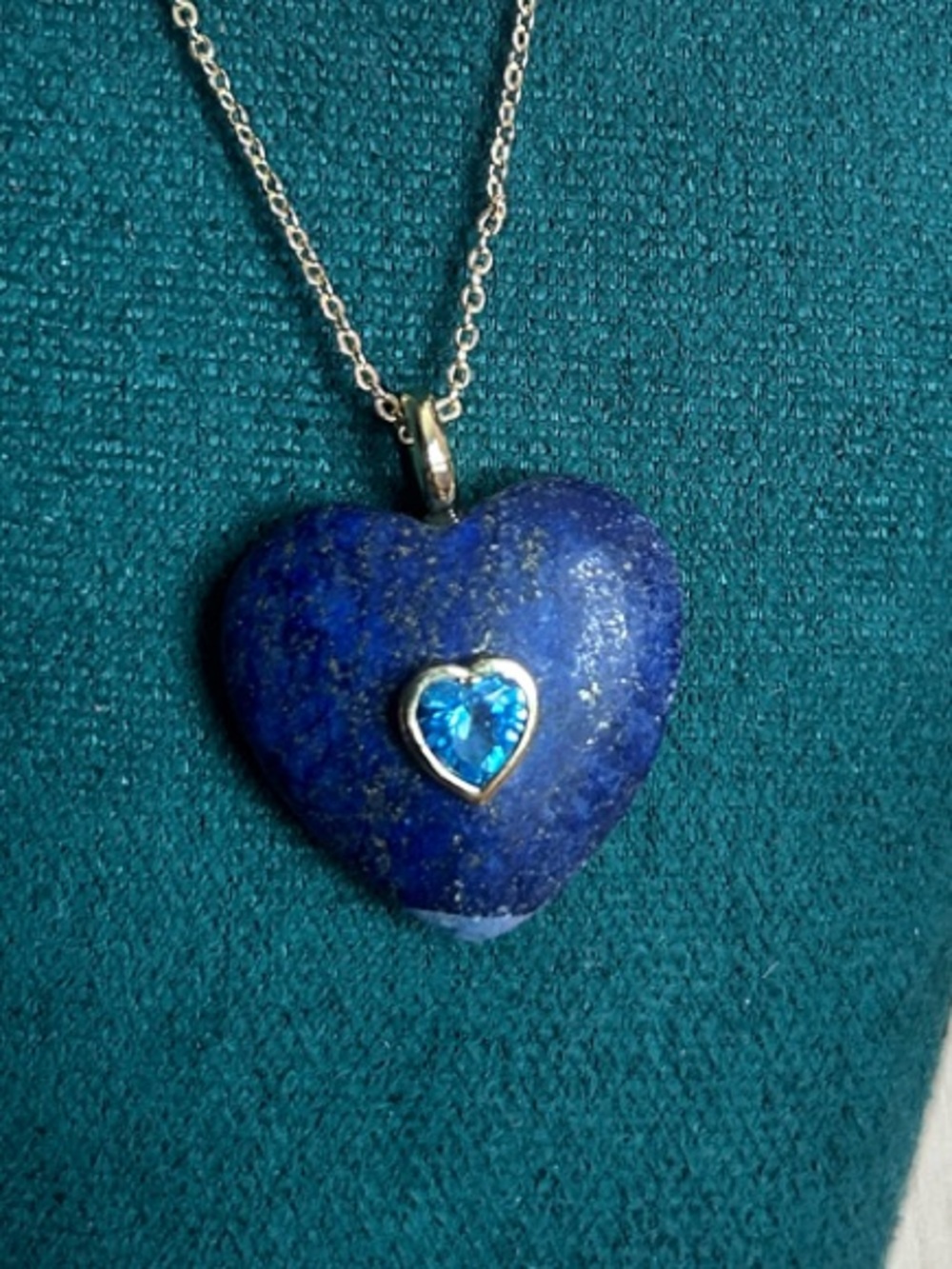 Lapis Heart Pendant Necklace with Blue Crystal Accent on 14k Gold Plated Chain